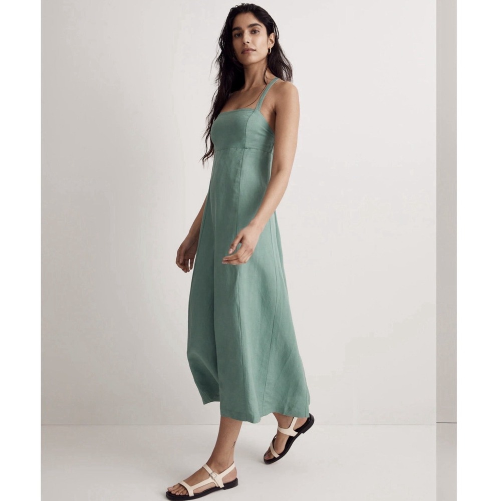 Madewell Tie-Back Midi Cami Dress 00 Boho Lagenlook Green Linen Blend Fairy Scan - Picture 2 of 16